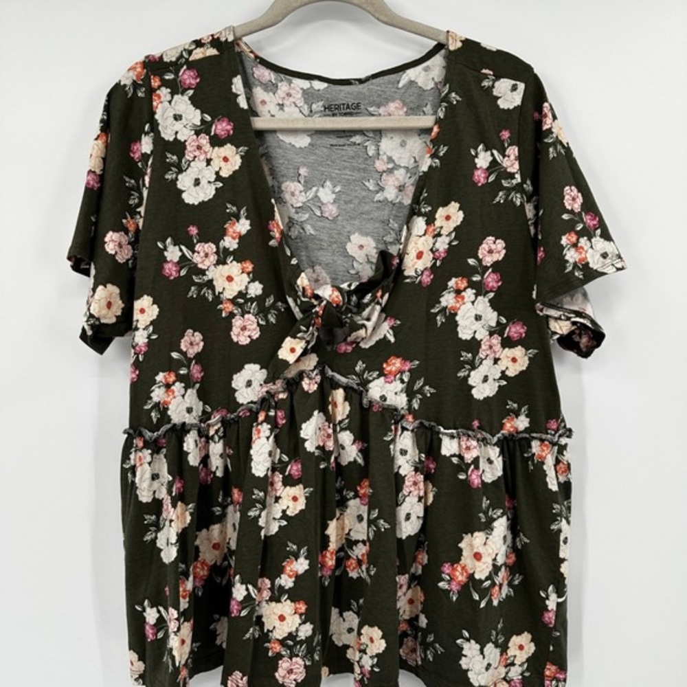 Heritage Olive Green Floral Tie-Front Tunic